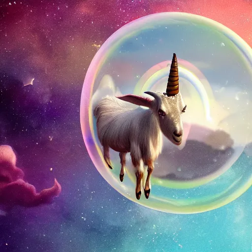 Image similar to a goat travelling on a bubble that looks like a unicorns back, mystical fantasy, concept art