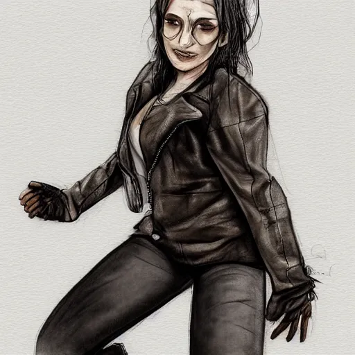 Prompt: Hot young woman with grey skin, tattoos, wearing a leather jacket, opening her armsa and asking for a hug concept art