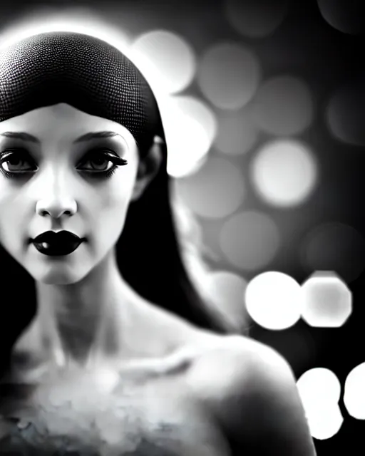 Image similar to black and white dreamy young beautiful female artificial intelligence, metropolis, cinematic, rim light, bokeh, photo - realistic, elegant, high detail, 8 k, masterpiece, photo taken in 1 9 3 0