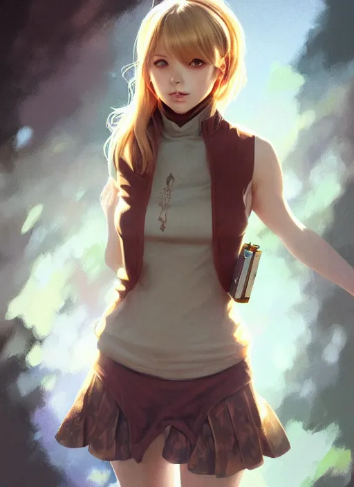 Image similar to portrait of a full body of beautiful young female detective, d & d, sleeveless turtleneck, fantasy, flat lighting, intricate, highly detailed, digital painting, artstation, concept art, smooth, sharp focus, illustration, misa amane, art by simon bisley and greg rutkowski and alphonse mucha, natural tpose