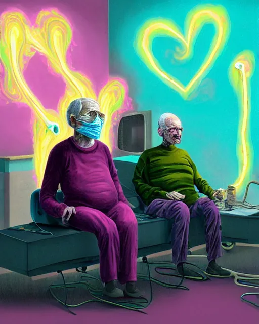 Prompt: Two skinny old people draped in silky gold, green and pink, gas masks connected to heart bypass machines, inside an abandoned hospital room, they sit next to a fireplace with swirling blue flames, the world is insane, lost in despair, transhumanist speculative evolution, in the style of Adrian Ghenie, (((Luke Chueh))), Jenny Saville, daniel richter, Edward Hopper, surrealism, dark art, illustration by Mariko Mori