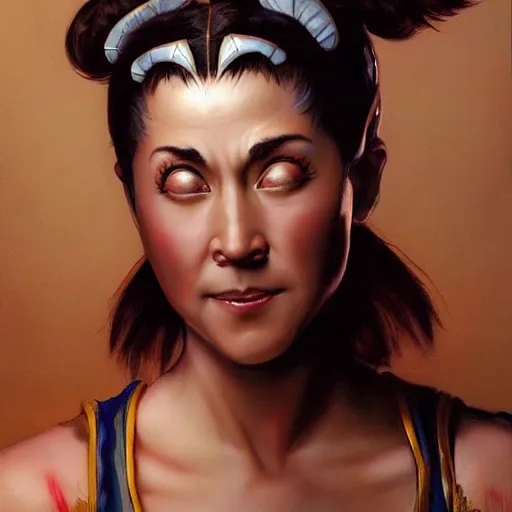 Prompt: ultra realistic kristen schaal as chun li from street fighter, portrait painting by frank frazetta, 4 k, ultra realistic, highly detailed,