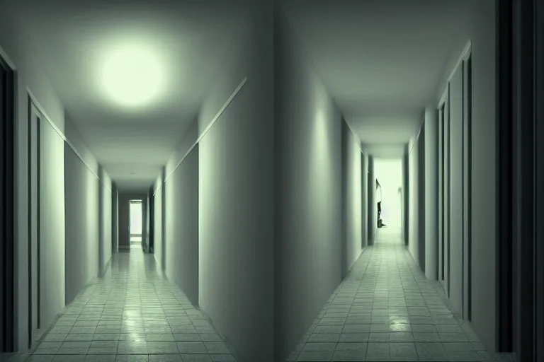 Image similar to a hallway of a suburban house at night. moonlight shines through the window at the end. a translucent shadow man walks down the hallway. digital art 4 k