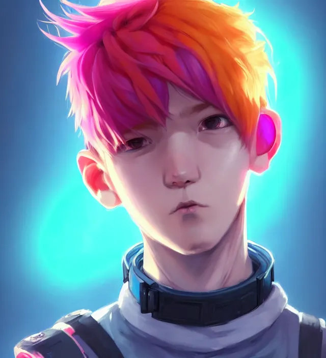 Image similar to character concept art of a cute young cyberpunk boy with colorful hair and collar | | cute - fine - face, pretty face, key visual, realistic shaded perfect face, fine details by stanley artgerm lau, wlop, rossdraws, james jean, andrei riabovitchev, marc simonetti, and sakimichan, trending on artstation