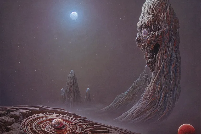 Image similar to oil painting, super - detailed scene of a creature the size of a planet, japanese sci - fi books art, artwork by jean giraud and zdzislaw beksinski and michael whelan and hr giger, hd, 4 k, high quality