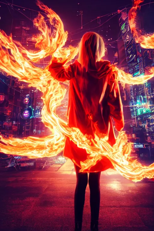 Prompt: young blonde woman from behind with flames dancing on her hands with a long jacket in a cyberpunk city, realistic, high definition, 4K, shimmering color, art of pixal