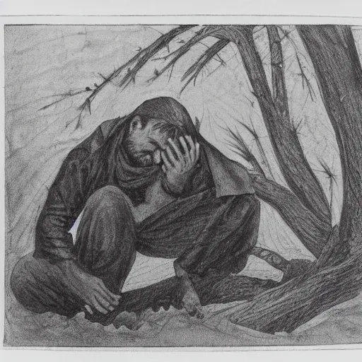 Image similar to The photograph shows a man caught in a storm, buffeted by wind and rain. He clings to a tree for support, but the tree is bent nearly double by the force of the storm. The man's clothing is soaked through and his hair is plastered to his head. His face is contorted with fear and effort. by John Hejduk desaturated, dynamic