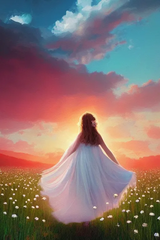 Image similar to giant white daisy flower veil, girl walking in a flower field, surreal photography, sunrise, dramatic light, impressionist painting, colorful clouds, digital painting, artstation, simon stalenhag