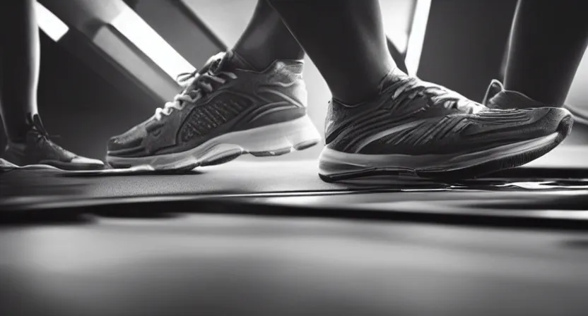 Image similar to close up on old running shoes running on a treadmill. cinematic lighting. moody. sci fi. concept art illustration. subdued tones.