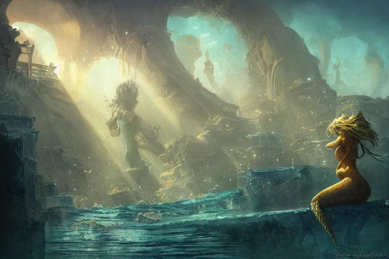 Prompt: a beautiful painting of the lost city of Atlantic city under water, ray of sunlight, mermaid in distance, Greg Rutkowski, Moebius, Mohrbacher, blue and gold color scheme