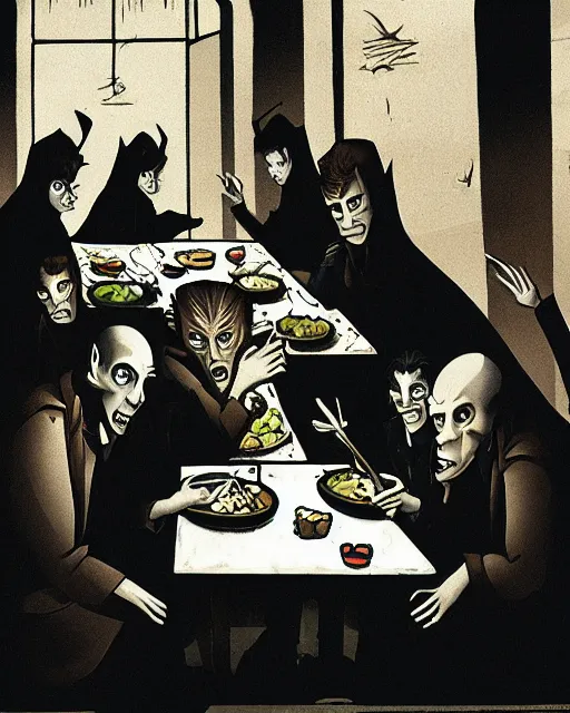 Prompt: vampires eating at their high school lunchroom, photorealistic, documentary style, nosferatu type vampires eat at their own table while the good looking twilight type vampires eat lunch at a different table, high-school cliques