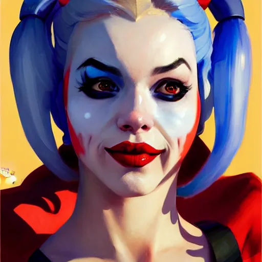 Image similar to Greg Manchess portrait painting of Harley Quinn as Overwatch character, medium shot, asymmetrical, profile picture, Organic Painting, sunny day, Matte Painting, bold shapes, hard edges, street art, trending on artstation, by Huang Guangjian and Gil Elvgren and Sachin Teng