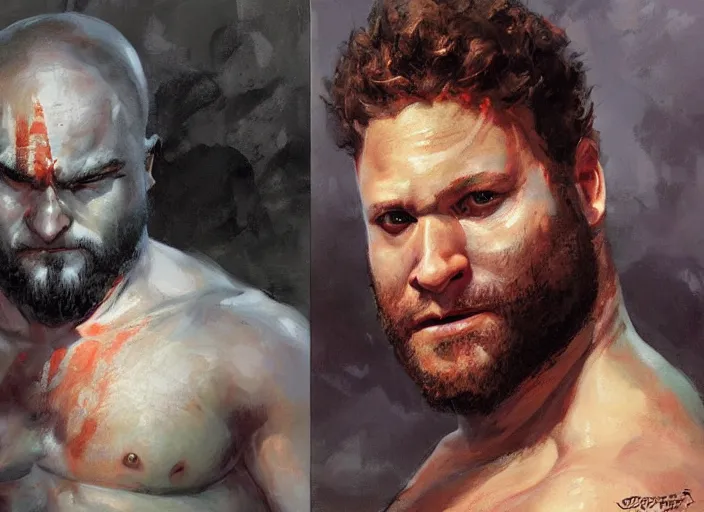 Image similar to a highly detailed beautiful portrait of seth rogen as kratos, by gregory manchess, james gurney, james jean