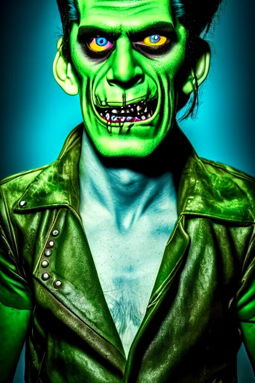 Image similar to Portrait of a young man as a rockabilly Frankenstein's Monster. Rock star Frankenstein. Green-skinned man with blue eyes and striking features. Modeling photography, mood lighting, detailed