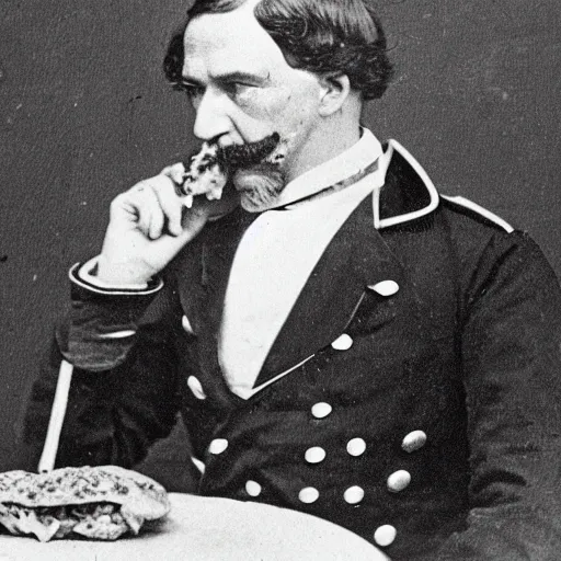 Prompt: a 1 8 5 8 photo of general pitzer a union general eating a large chicken burrito with cheese and salsa