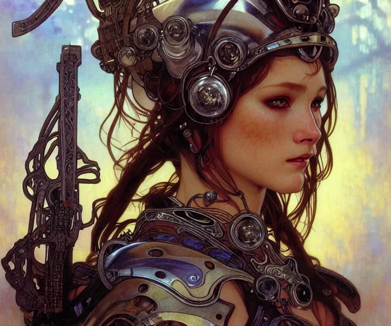 Prompt: realistic detailed face portrait of a beautiful futuristic viking warrior in alien cyberpunk armor by alphonse mucha, ayami kojima, amano, greg hildebrandt, and mark brooks, female, feminine, art nouveau, cyberpunk, neo - gothic, gothic, character concept design