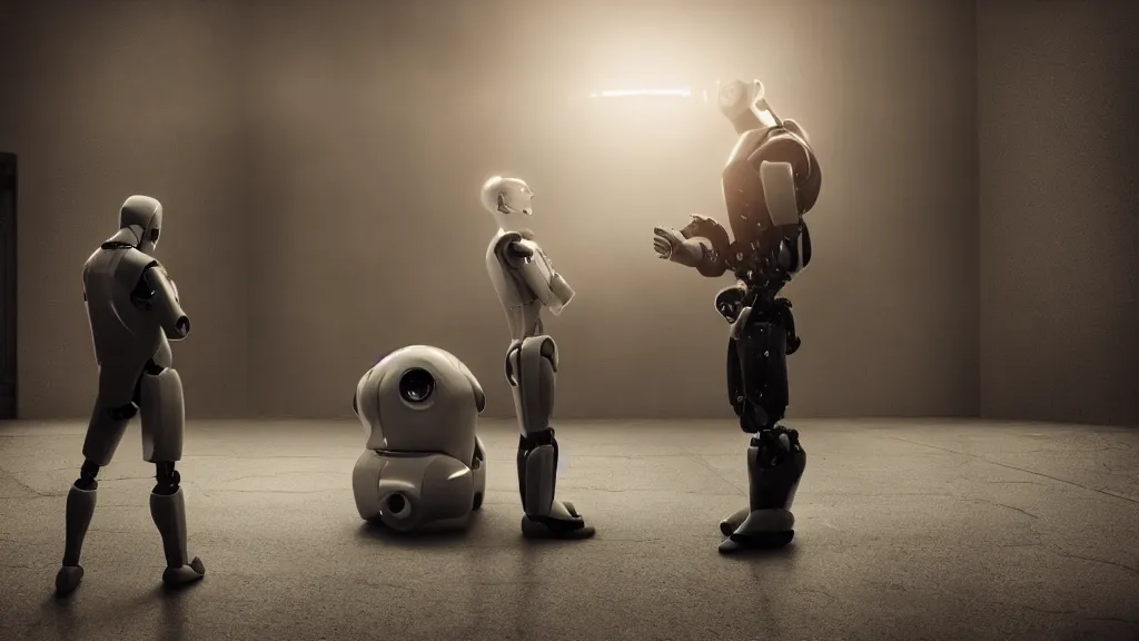 Image similar to movie scene of a man and a robot having a moment of jealousy, movie still, cinematic composition, cinematic light, by alejandro jodoroswky