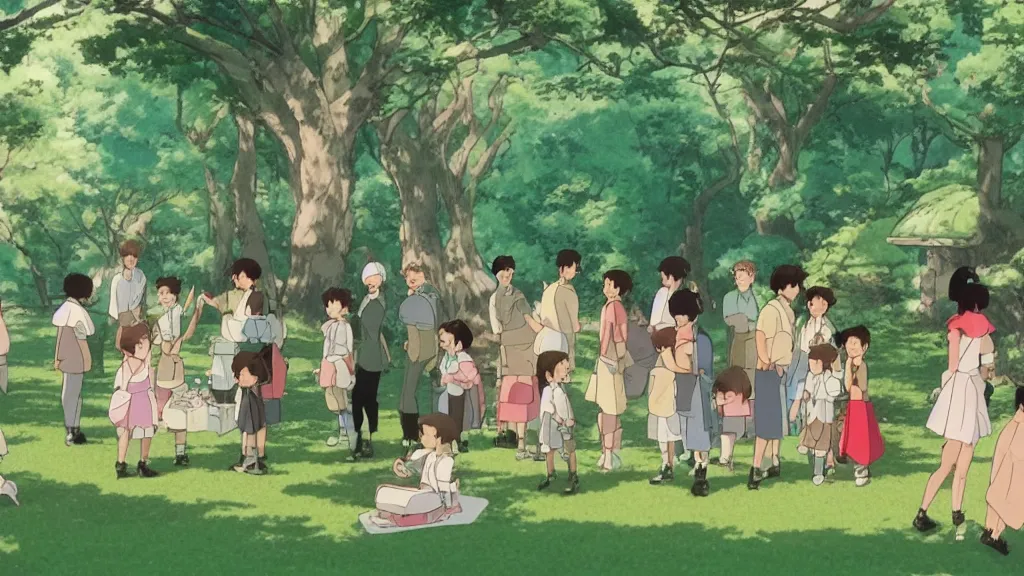 Image similar to a birthday party in a park in new york, cinematic scene, studio ghibli