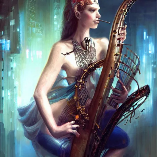 Prompt: stunning portrait of 32 weeks unborn baby argonaut Orpheus playing a lyre, painting by Raymond Swanland, cyberpunk, sci-fi cybernetic implants hq