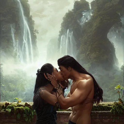 Image similar to portrait painting of dark muscular nepali couple kissing, ultra realistic, concept art, intricate details, eerie, highly detailed, photorealistic, octane render, 8 k, unreal engine. art by artgerm and greg rutkowski and alphonse mucha