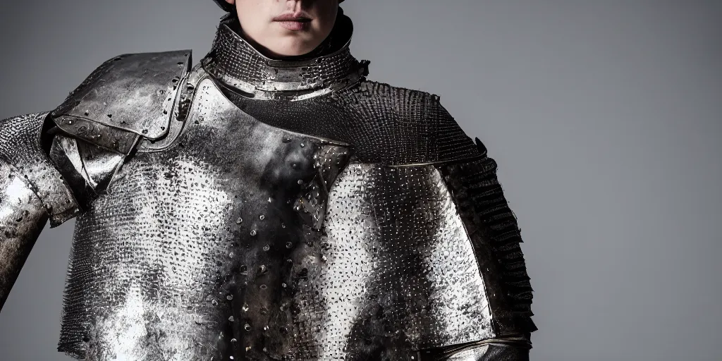 Prompt: an editorial photo of a designer fashion jacket slightly inspired by medieval armour designed by kanye, studio lighting, sigma 50mm, ƒ/8