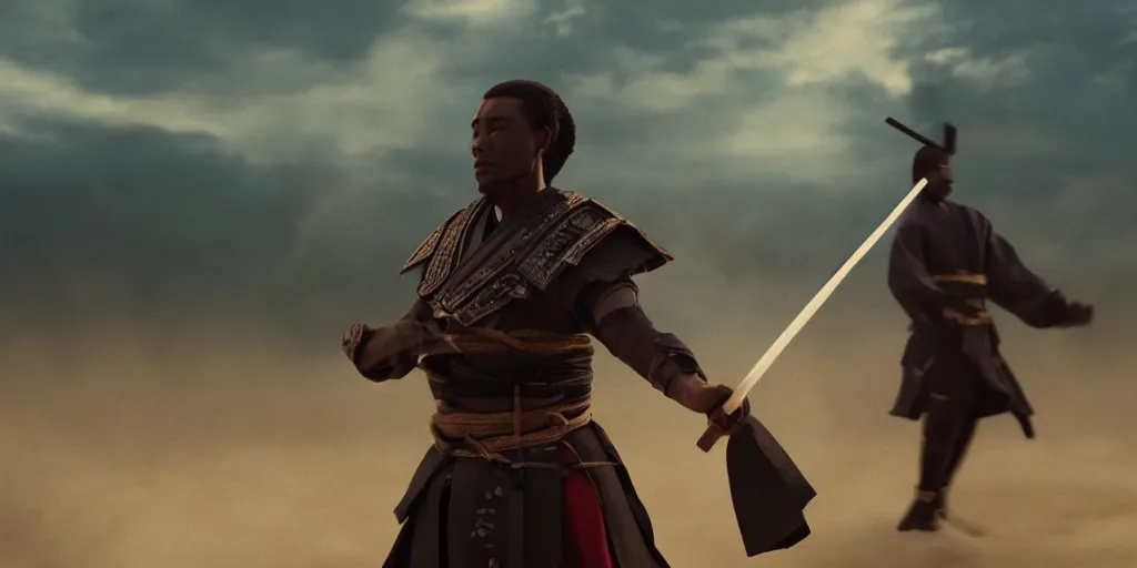 Prompt: a film still of a light skinned black man starring as an ancient samurai in a japanese blockbuster film, in a realm of fire, shallow depth of field, cinematic, award winning cgi, vfx, film still