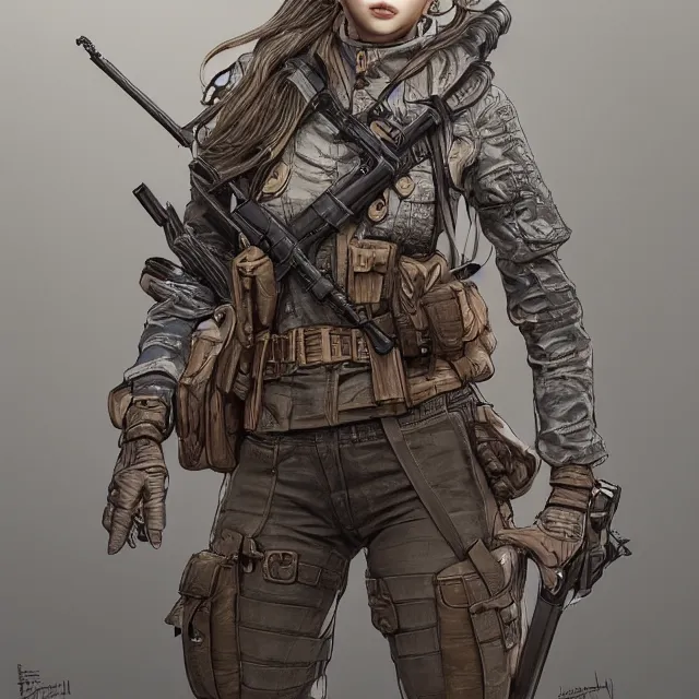 Prompt: the portrait of lawful neutral semi - colorful female infantry sniper as absurdly beautiful, gorgeous, elegant, young woman looking up, an ultrafine hyperdetailed illustration by kim jung gi, irakli nadar, intricate linework, bright colors, octopath traveler, final fantasy, unreal engine 5 highly rendered, global illumination, radiant light, detailed and intricate environment