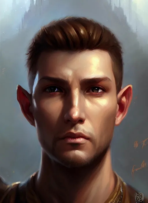 Prompt: a _ fantasy _ style _ portrait _ painting _ of light brown male short hair chiseled face big ears, rpg dnd oil _ painting _ unreal _ 5 _ daz. _ rpg _ portrait _ extremely _ detailed _ artgerm _ greg _ rutkowski _ greg