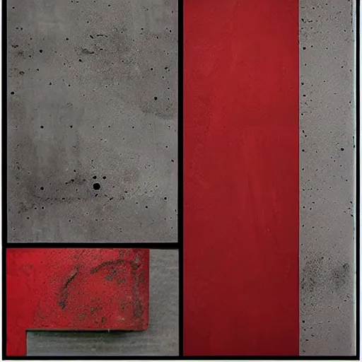 Prompt: material sample board combining concrete, red painted metal, aged oak, plants, dark grey carpet, collage, architectural finishes, pinterest, trendy, expressive, warm, eye catching, interior design, industrial design,