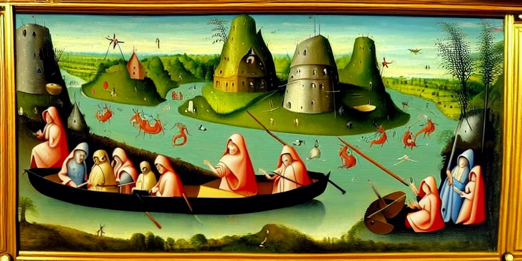 Image similar to A very detailed painting in the style of Hieronim Bosch featuring a river in Europe surrounded by trees and fields. A rubber dinghy is slowly moving through the water. Sun is shining