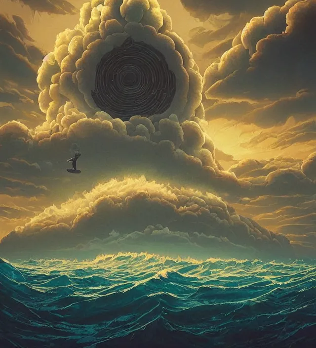 Prompt: a giant 🌊 swirling in the sky above a barren 🏜 by ivan shishkin and zacharias aagaard and simon stalenhag and dan mumford and josan gonzalez, surrealism, hyper detailed, dull, high contrast, desaturated, retrowave