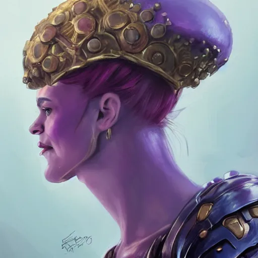 Image similar to thanos as an attractive young smiling woman wearing a mushroom crown and heavy armoured wedding dress, face portrait, hd shot, digital portrait, beautiful, fantasy art, artstation, comic style, by artgerm, guy denning, jakub rozalski, magali villeneuve and charlie bowater