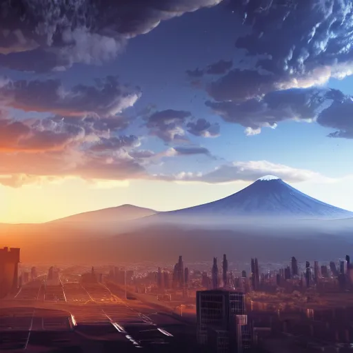 Prompt: mythical cityscape, fantasy render, 8k, unreal engine, huge clouds, distant volcano