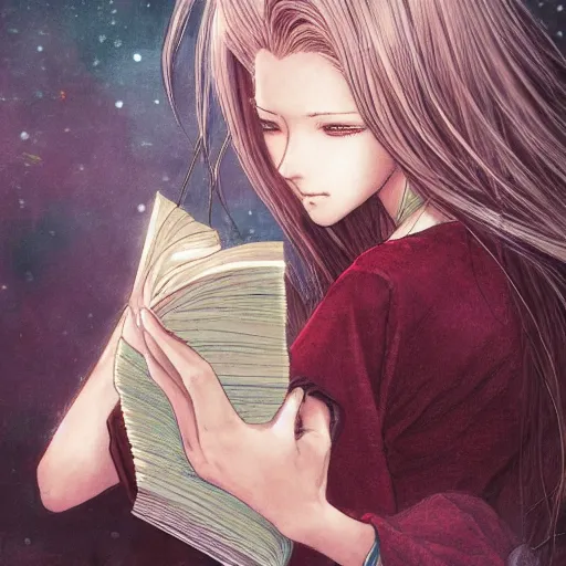 Image similar to a girl reading a book, her hair flowing down, a character portrait by yoshitaka amano, featured on pixiv, fantasy art, official art, androgynous, anime