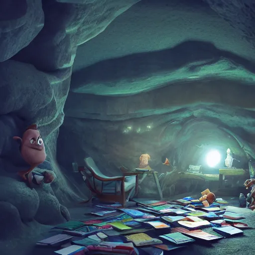 Image similar to cave full of books, 3 d render, incredible details, highly detailed, photorealistic, disney pixar, smooth, octane render, iridescent, 8 k