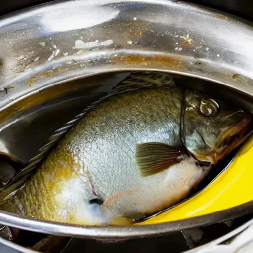 Image similar to a fish on the top of a pile of fish, inside a cooking pot