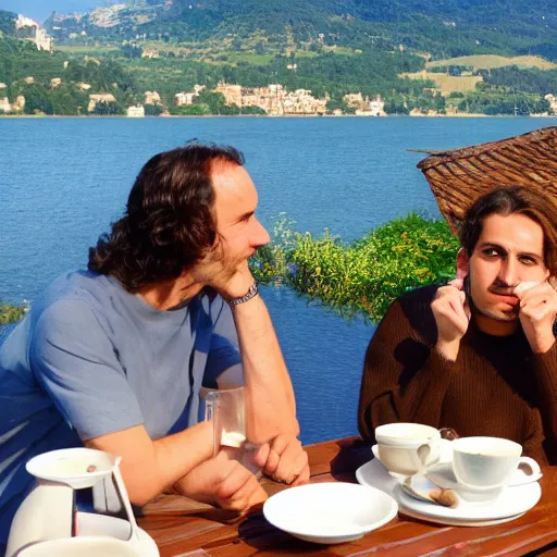 Prompt: a christian, a jew and a muslim drinking tea on a cafe terrace in italy with lake view, peaceful, ultra realistic, award winning,