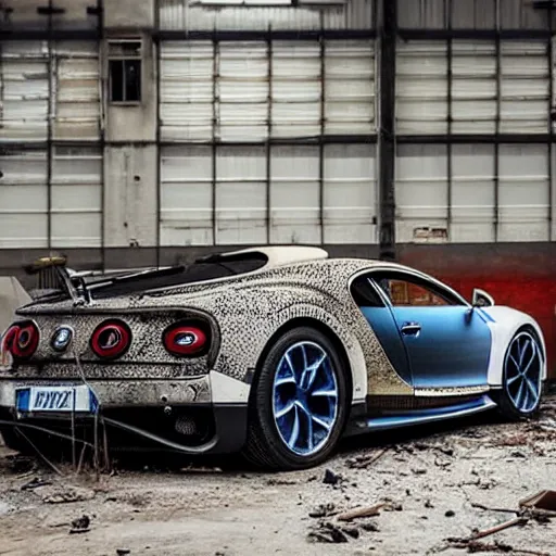 Image similar to an abandoned, derelict, ( really rusty ) bugatti chiron in a dirty warehouse