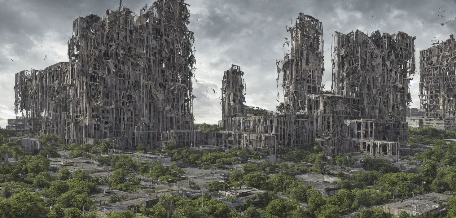 Image similar to an extremely detailed cathedral of brutalist architecture by Le Corbusier, abandoned buildings, empty streetscapes, surrounded by lush green vegetation, stunning volumetric lighting, sunset, rusted metal, concrete, translucent material, stunning skies, scattered rubbish and debris, 8k, photorealistic, hyper detailed, unreal engine 5, IMAX quality, cinematic, epic lighting, digital painting in the style of DOOM and Quake, by Greg Rutkowski, trending on Artstation
