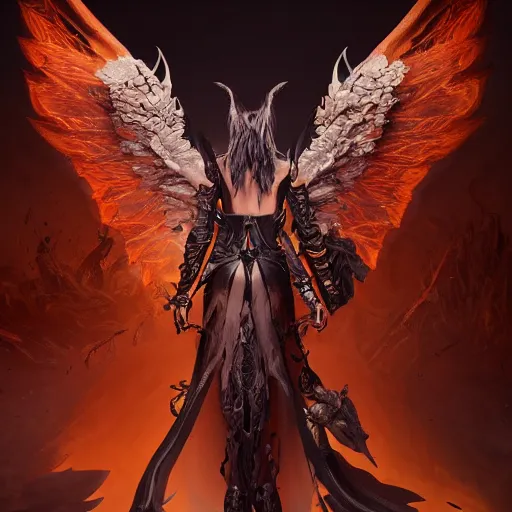 Image similar to a demon hunter with demonic wings, au naturel, hyper detailed, digital art, trending in artstation, cinematic lighting, studio quality, smooth render, unreal engine 5 rendered, octane rendered, art style by klimt and nixeu and ian sprigger and wlop and krenz cushart