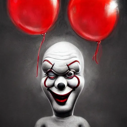 Prompt: surrealism grunge cartoon portrait sketch of a banana with a wide smile and a red balloon by - michael karcz, loony toons style, pennywise style, horror theme, detailed, elegant, intricate