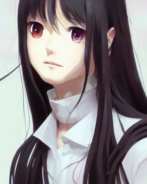 Image similar to An anime portrait of a beautiful girl with long black hair wearing a white blouse, by Stanley Artgerm Lau, WLOP, Rossdraws, James Jean, Andrei Riabovitchev, Marc Simonetti, and Sakimichan, tranding on artstation