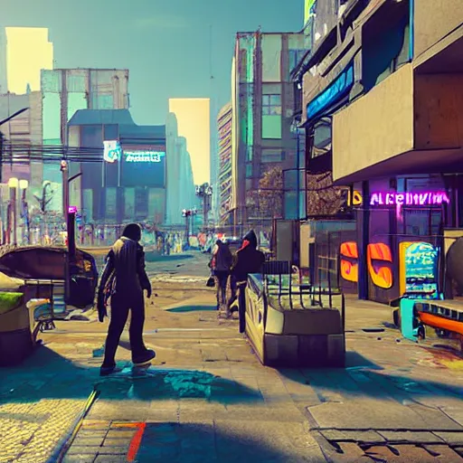 Image similar to distopian cyberpunk street, neon, photorealistic, homeless people in the streets, unreal engine 5 »