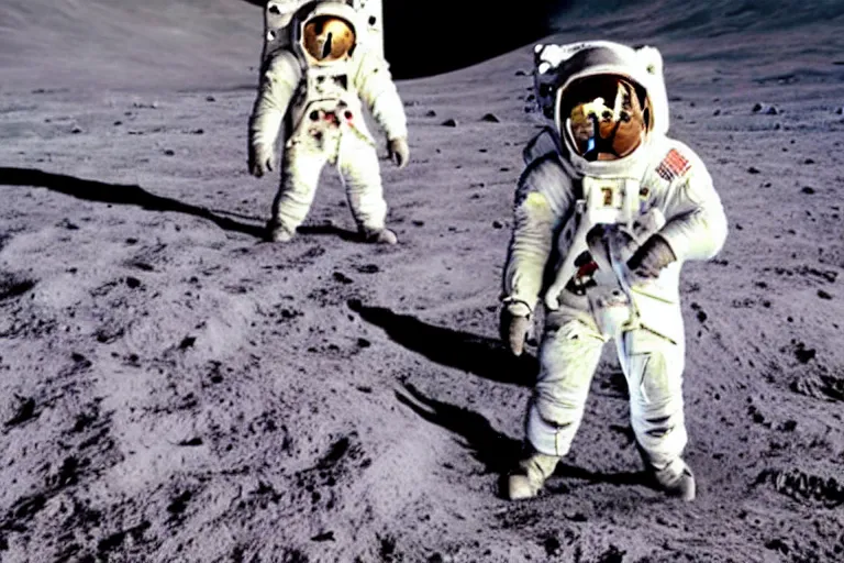 Image similar to Paul mccartney playing on the moon in an astronaut outfit, face visible. mouth open wide