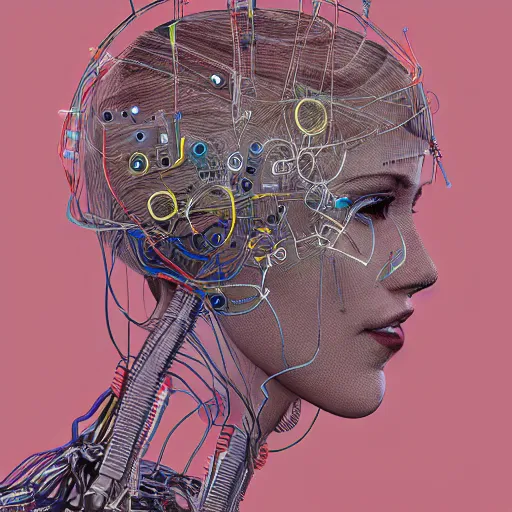 Prompt: a beautiful head of a pilot woman partially made of wires and circuits, an ultrafine detailed illustration by james jean, final fantasy, intricate linework, bright colors, behance contest winner, vanitas, angular, altermodern, unreal engine 5 highly rendered, global illumination, radiant light, detailed and intricate environment