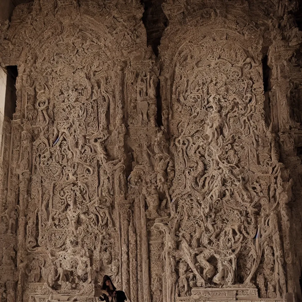 Prompt: 4K render of beautiful, gorgeous wrathful diety woman on a throne in front of intricate wall of incredible ancient relief carving, by Laurie Greasley, Studio Ghibli, akira art style, dramatic lighting, perfect composition