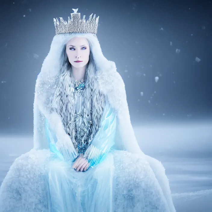 Image similar to professional photograph of a beautiful!! ice queen with intricate crown and cloak, sitting on an icy throne. Extremely detailed. 8k