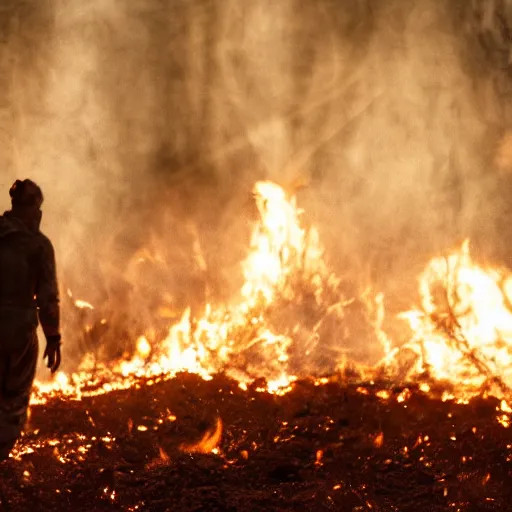 Image similar to a human figure emerging from fire ash, cinematic lighting, ultra realistic, bokeh