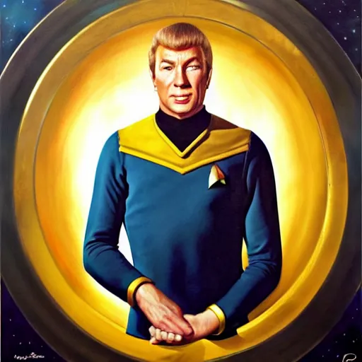 Image similar to oil portrait of captain kirk in his gold uniform on the starship enterprise. star trek. oil painting, highly detailed, centered, artstation, concept art, smooth, sharp focus, illustration, artgerm, vermeer, hans peter mohrbacher, donato giancola, joseph christian leyendecker, drew struzan