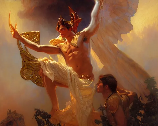 Prompt: attractive pagan male deity, summons handsome lucifer morning star. highly detailed painting by gaston bussiere, craig mullins, j. c. leyendecker 8 k